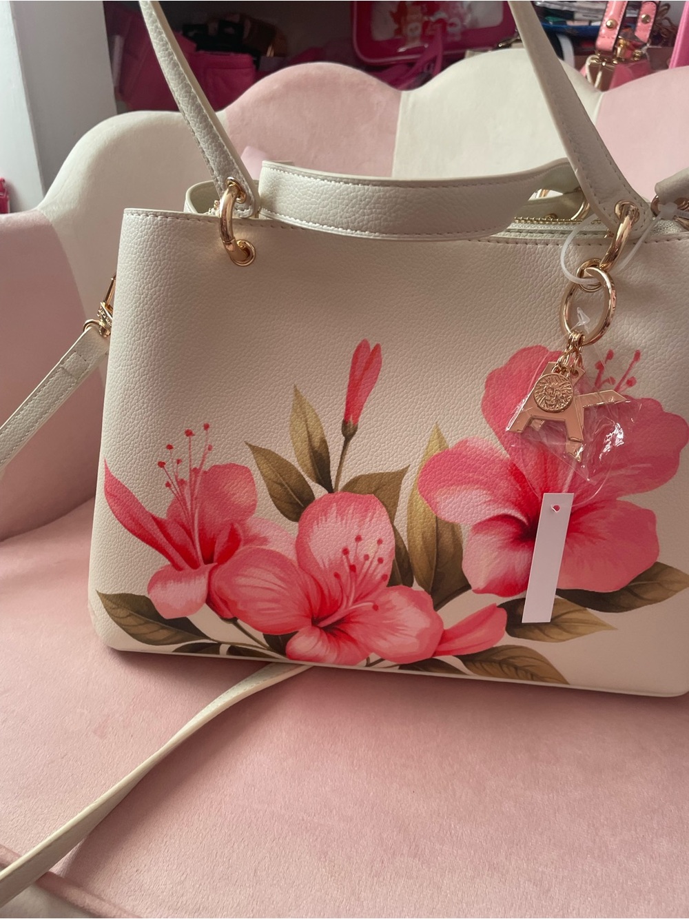 Anne Klein White Shoulder Bag with Pink Floral Print - Picture 2 of 4